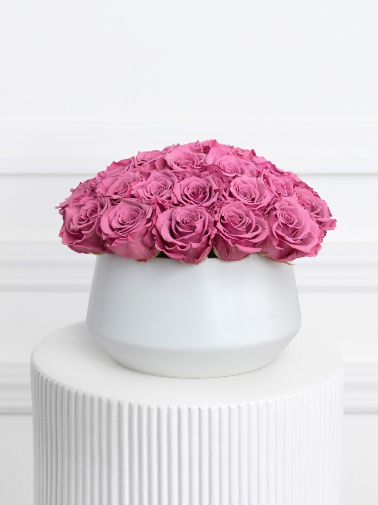A lush dome of deep pink preserved roses arranged in a modern, matte white round ceramic vase, creating a bold yet refined centerpiece perfect for elegant gifting or stylish interiors.