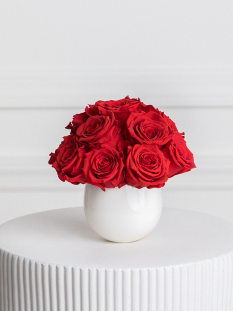 Arrangement of red preserved roses in a glossy white ceramic vase, with velvety blooms clustered tightly in a rounded form for a classic, long-lasting display full of bold color and elegance.