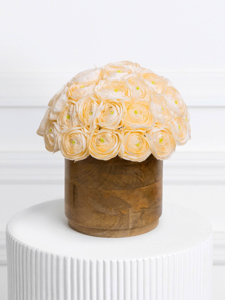 A dome-shaped arrangement of pale peach preserved ranunculus blooms, artfully gathered in a rich wooden cylindrical vase, displayed on a fluted white pedestal.