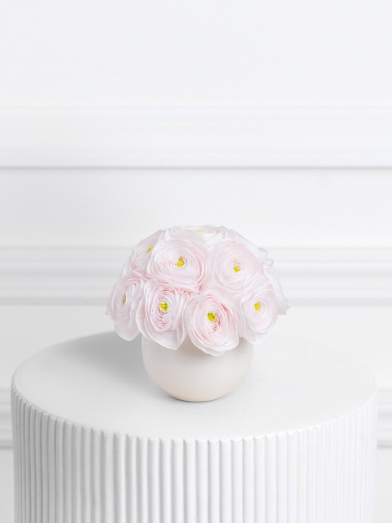Arrangement of pale pink preserved ranunculus with soft yellow centers, styled in a rounded white ceramic vase, with tightly layered blooms forming a full, circular cluster for a delicate and long-lasting display.