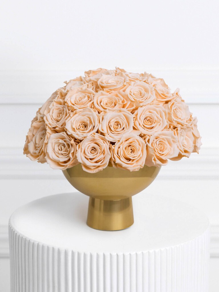 A sculptural dome of 40 blush preserved roses, elegantly gathered in a gold pedestal vase, makes an opulent, everlasting statement.