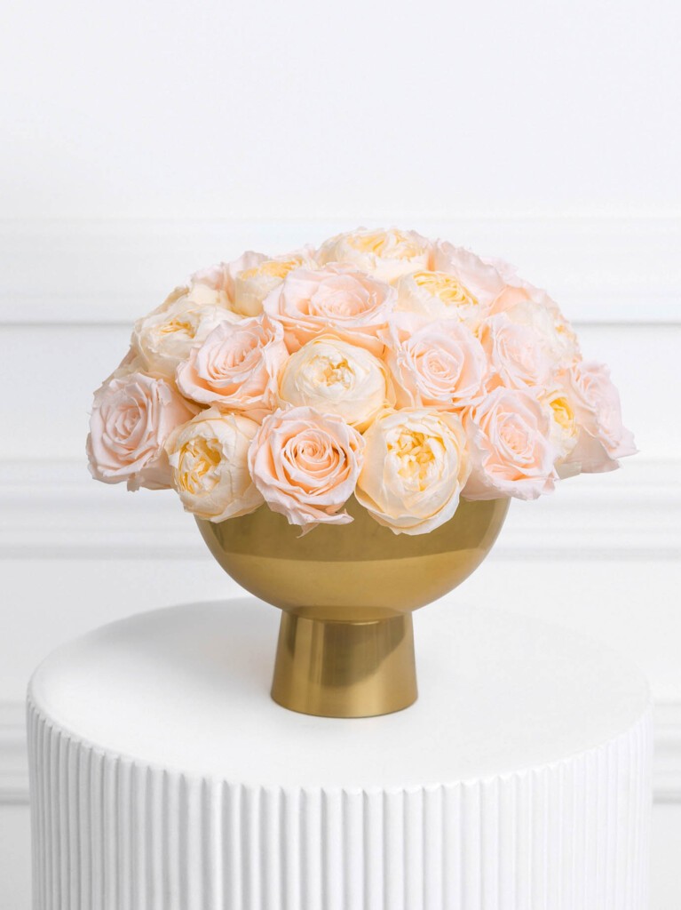 A tightly arranged dome of blush preserved roses and creamy ranunculus blooms, elegantly displayed in a reflective gold pedestal vase set atop a white fluted stand against a minimalist white background.