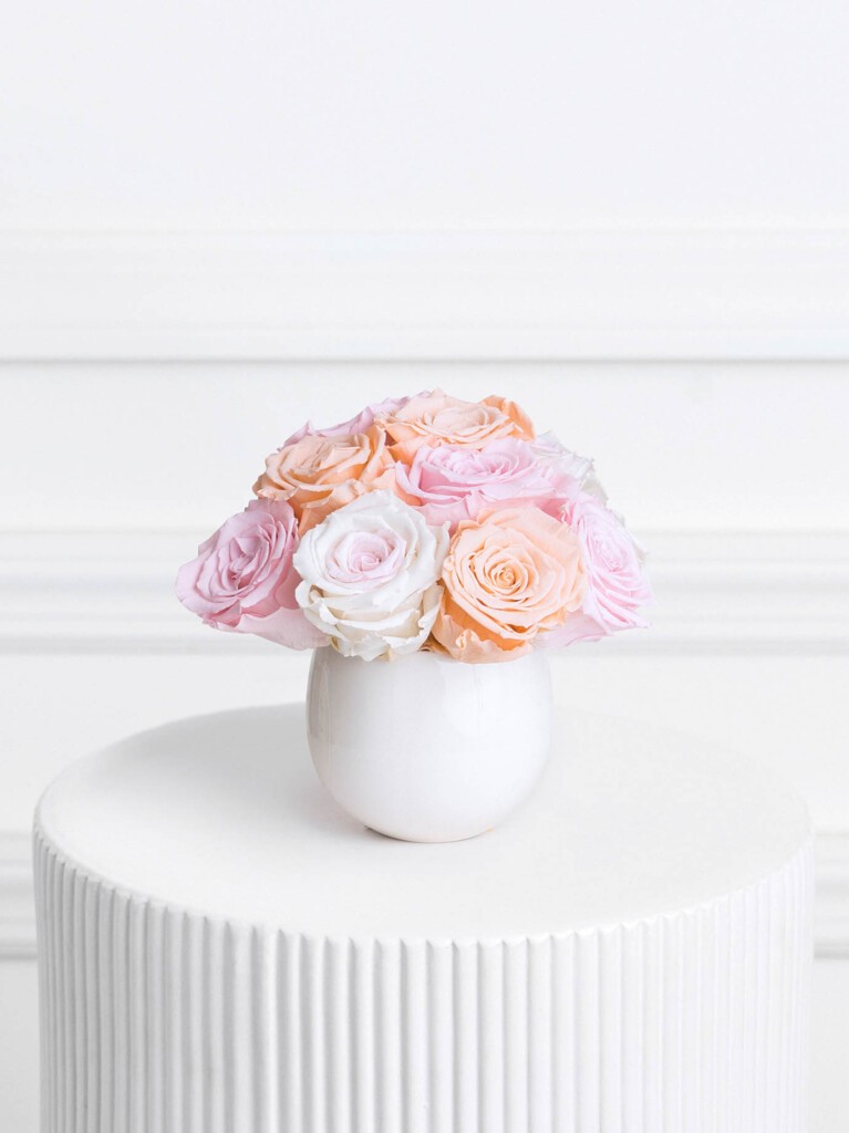 Petite arrangement of preserved roses in pastel shades of blush, peach, lavender, and soft white, gathered in a rounded white ceramic vase for a sweet, cheerful display with lasting charm.