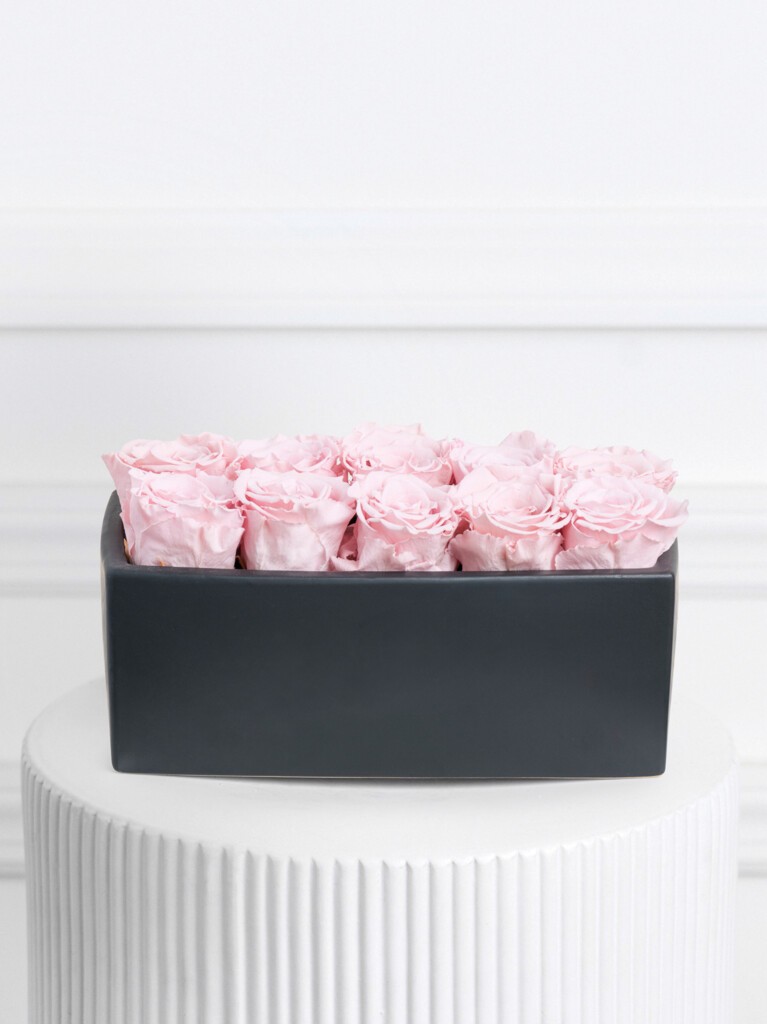 Rectangular arrangement of ten soft pink preserved roses neatly lined in a matte black ceramic box, creating a clean, symmetrical floral display with modern elegance.