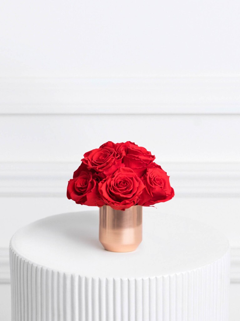 Compact arrangement of red preserved roses in a metallic rose gold vase, with velvety blooms tightly clustered for a bold, elegant design measuring 7 inches tall and wide.