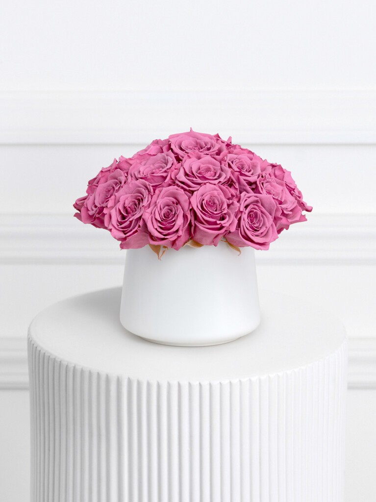 Dome-shaped arrangement of deep pink preserved roses tightly packed in a glossy white ceramic vase, with each bloom forming a uniform cluster that highlights the vivid color and lasting design.